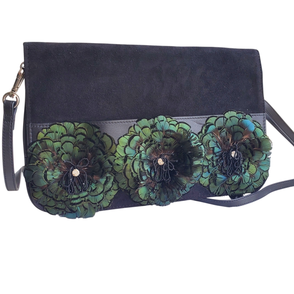 Anne Fontaine Black Floral Crossbody Bag Beaded, Feather & Crystal Accents